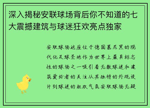 深入揭秘安联球场背后你不知道的七大震撼建筑与球迷狂欢亮点独家